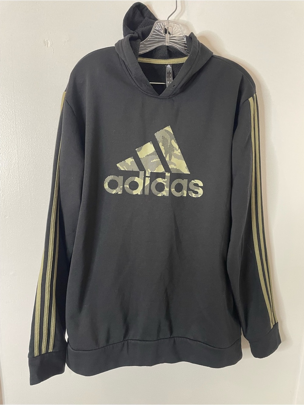 adidas Black Hoodie with Olive Logo and Stripe Accents